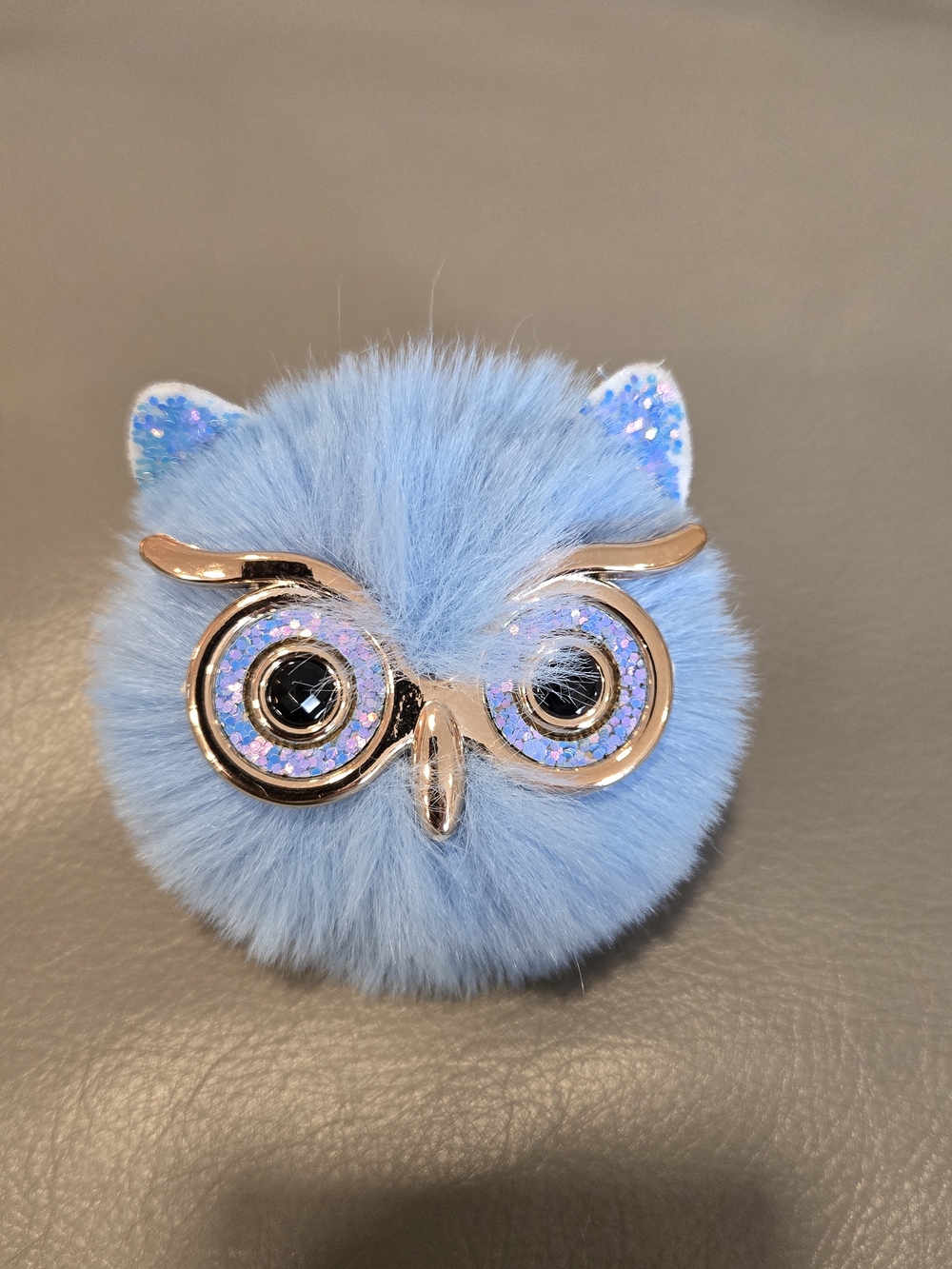 Blue Faux Fur Owl Bag Charm Keychain with Sparkle Accents